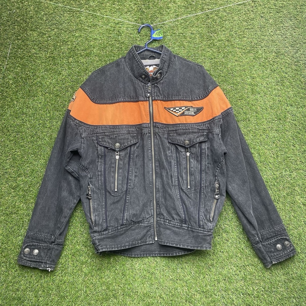Harley Davidson Denim Jacket Mens Medium Black Lined Logo Cotton Zip Biker y2k